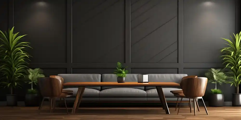 Stylish contemporary interior with grey wall panels, brown sofa, and natural accents by Matchbox Design Studio