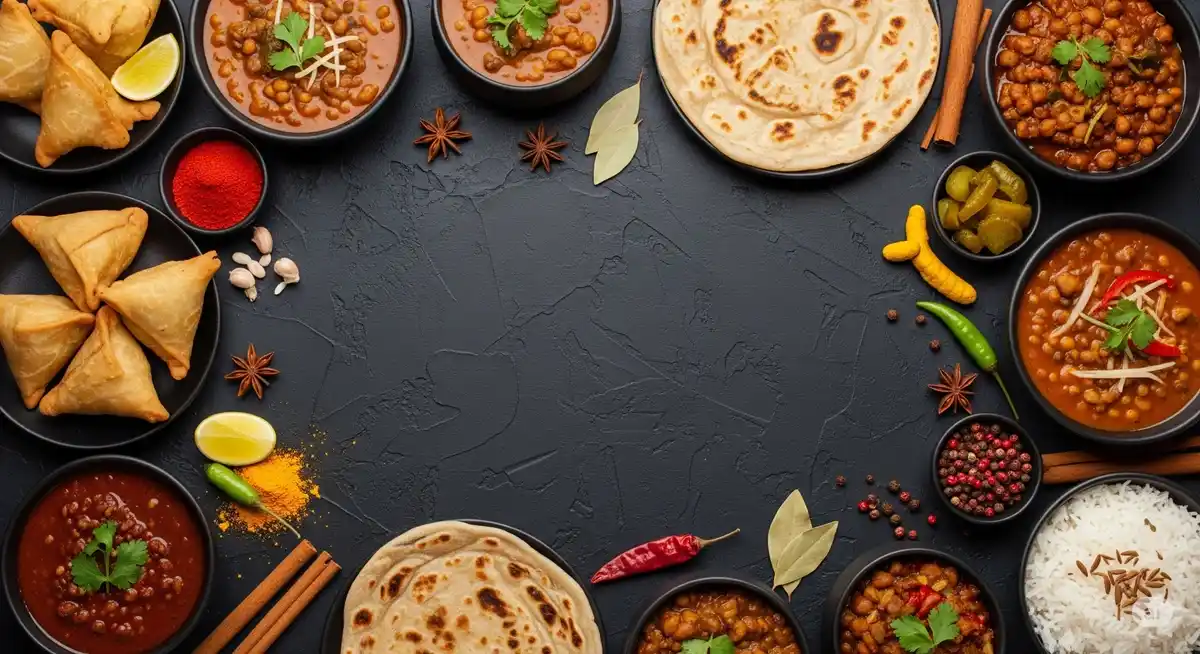 Top view of traditional Indian veg and non-veg dhhaba dishes including samosas, curries, and spices